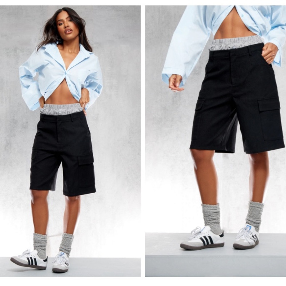 Black Twill Longline Cargo Shorts